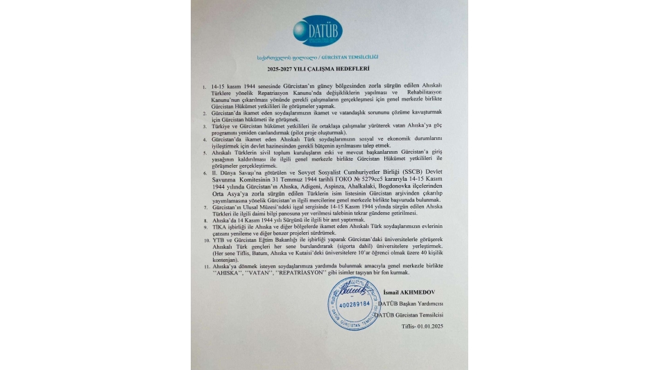 DATÜB Gürcistan Temsilciliği 2025-2027 Çalışma Hedefleri